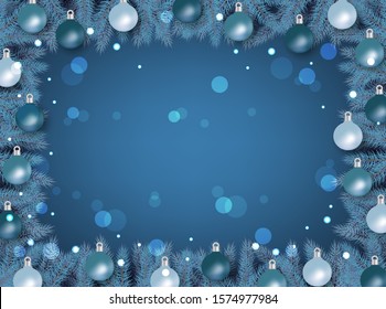 Blue Christmas tree frame with blurry bokeh effect background. Rectangle border with pine branches decorated with baubles - cold frost style vector illustration.