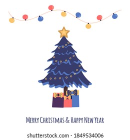 Blue Christmas tree with garland, gift boxes with bows. Holiday card Colorful cartoon vector illustration. Inscription Merry Christmas and Happy New Year. Festive winter postcard