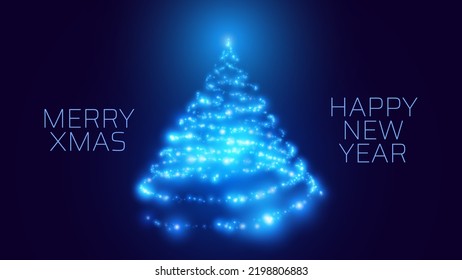 Fondo de vacaciones de las partículas de brillo del árbol de Navidad azul. Luces espumosas de Año Nuevo. Tarjeta azul de Navidad. Evento Especial, Tarjeta de Lujo, Estilo Rico. Ilustración vectorial.