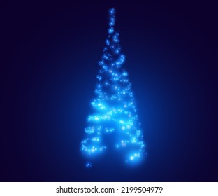 Blue Christmas Tree Glitter Particles Holiday Background. New Year Sparkling Lights. Xmas Blue Card. Special Event, Luxury Card, Rich Style. Vector Illustration.