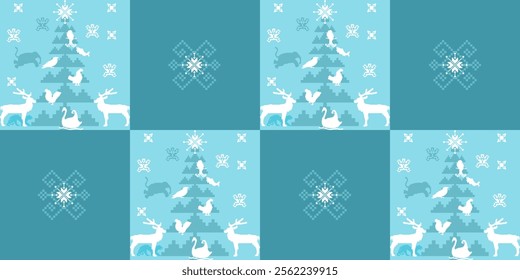 Blue Christmas tree graphic filled with small and large animals in a square frame interspersed with a star graphic on a turquoise background, horizontal image.