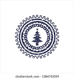 Blue christmas tree icon inside distress rubber stamp