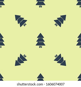 Blue Christmas tree icon isolated seamless pattern on yellow background. Merry Christmas and Happy New Year.  Vector Illustration