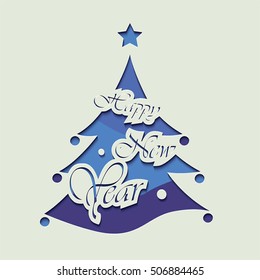 Blue Christmas tree invitation card. Vector illustration.