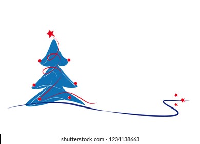 blue christmas tree with lines, balls and stars, white bac kground