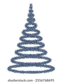 Blue Christmas tree. Tree made of fluffy tinsel. Color vector illustration. Isolated white background. Festive fir for new year. Idea for web design.