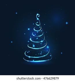 Blue Christmas tree made of sparkles and lights vector background. Greeting card or invitation.