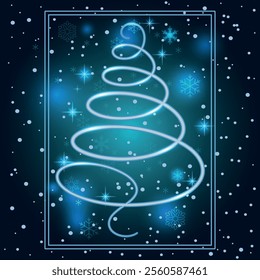 Blue Christmas tree with neon and bokeh effect