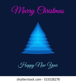 Blue Christmas tree on a dark background. inscription: Merry Christmas and Happy New Year. abstract bell.