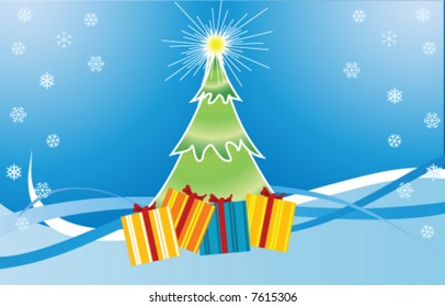 blue christmas tree on a white snowing christmas eve