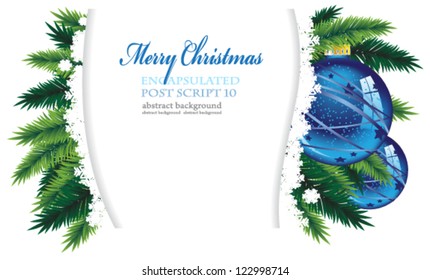 Blue Christmas tree ornaments and pine tree branches with white place for text
