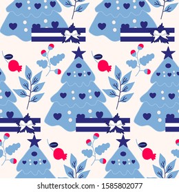 blue christmas tree with pink decorations in a seamless pattern design, perfect to use on the web or in print