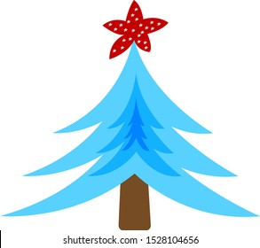 blue christmas tree with red star on top forest symbol of winter holidays new year concept object on a white background