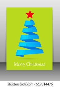 Blue Christmas tree from ribbon with red star. Greeting card. Vector illustration.