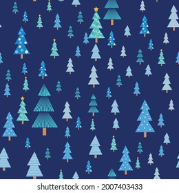 Blue christmas tree seamless pattern. Winter forest, pine trees and snowflakes. Celebration new year pattern. Christmas pattern.