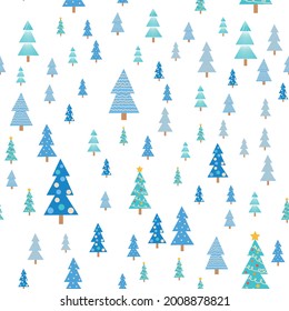 Blue christmas tree seamless pattern. Winter forest, pine trees and snowflakes. Celebration new year pattern. Christmas pattern.