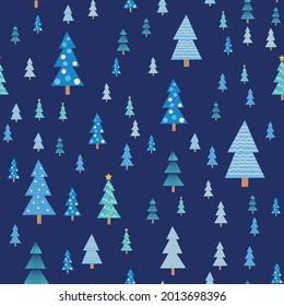 Blue christmas tree seamless pattern. Winter forest, pine trees and snowflakes. Celebration new year pattern. Christmas pattern.