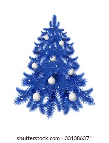 Blue Christmas tree with silver balls and garland isolated on white background. Perfect for greeting cards, holiday design.