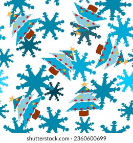 Blue Christmas tree and snowflake on white background with seamless repeat style design for fabric printing or wallpaper or paper gift wrap 