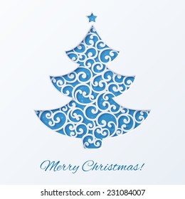 Blue Christmas tree with star. Design elements for holiday cards.  Beautiful applique. Abstract design. Vector illustration.