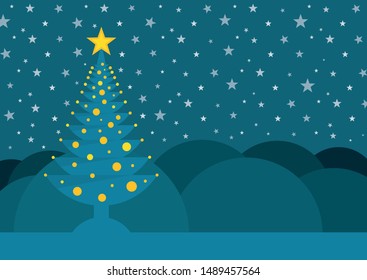 Blue Christmas tree with a star on the tip adorned with yellow circles on a background with mountains and a sky full of stars.