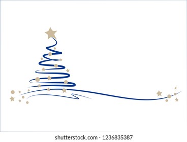 blue christmas tree with stars and balls, scribble effects, white background
