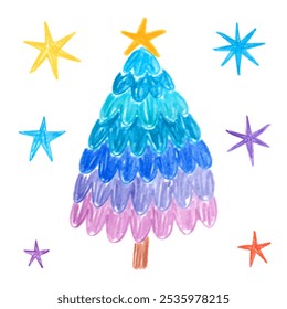 Blue Christmas tree and stars. Doodle drawing by hand with colored pencils. Cute simple children's drawings with crayon. New Year's element isolated on white.