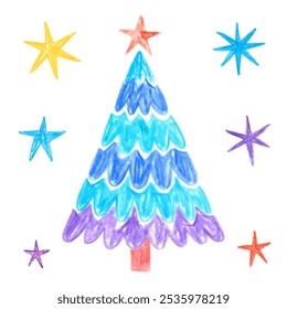 Blue Christmas tree and stars. Doodle drawing by hand with colored pencils. Cute simple children's drawings with crayon. New Year's element isolated on white.