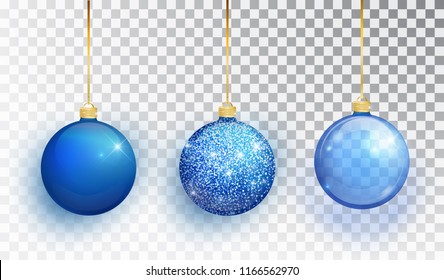 Blue Christmas tree toy set isolated on a transparent background. Stocking Christmas decorations. Vector object for christmas design, mockup. Vector realistic object Illustration 10 EPS