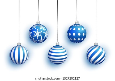 Blue Christmas tree toy set isolated on white background. Stocking Christmas decorations. Vector object for christmas design, mockup. Vector realistic object Illustration