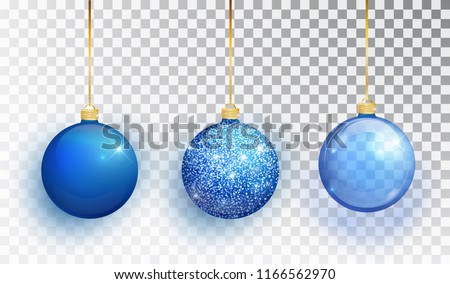 Blue Christmas tree toy set isolated on a transparent background. Stocking Christmas decorations. Vector object for christmas design, mockup. Vector realistic object Illustration 10 EPS