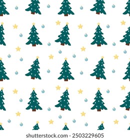 Blue Christmas tree and toys. Christmas pattern. New Year. Gift paper. Print seamless