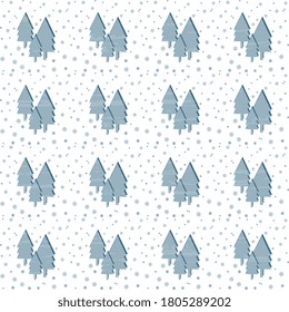 Blue Christmas trees with reflection of shadows, snow and snowflakes on a white background, textured. Surface, packaging, cards, wallpaper. Seamless vector illustration of nature.