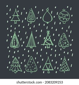 Blue christmas trees set vector illustration on the deep grey background. Abstract hand drawn style trees. Unusual shaped christmas symbols. Snowflakes. Simple style christmas postcard. Holidays.
