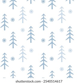 Blue Christmas trees, snowflakes. Vector seamless pattern on white background in pastel colors. Cute flat illustration for Christmas