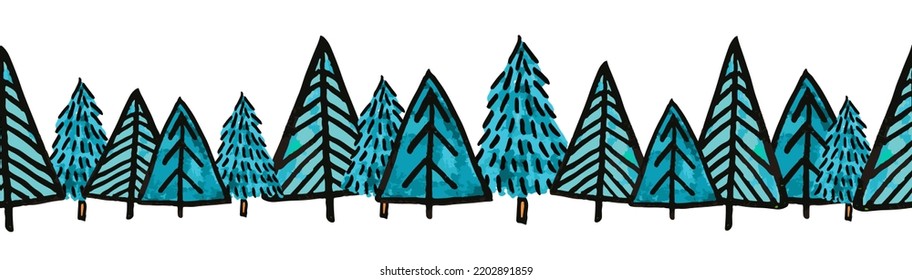 Blue Christmas trees vector border. Seamless pattern hand drawn doodle trees green red. Decorative Winter holiday sketch design for ribbons, card decoration, scrapbooking, banners