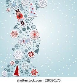 Blue Christmas vector. Merry Christmas. Christmas vector elements: Snowflakes, reindeer, nutcracker, christmas tree and moose.