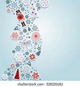 Blue Christmas vector. Merry Christmas. Christmas vector elements: Snowflakes, reindeer, nutcracker, christmas tree and moose.