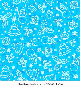 Blue christmas vector seamless pattern in cartoon style