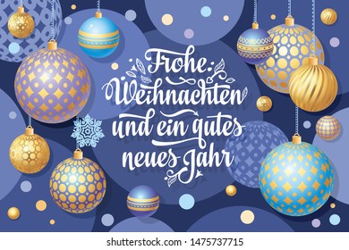 Blue Christmas. Xmas Weihnachten. Noel. Christmas in different languages. German Christmas Deutsche holiday Weihnachtsfest - Frohe Weihnachten, neue Jahr, Neujahrstag. Blue and 3d gold realistic ball