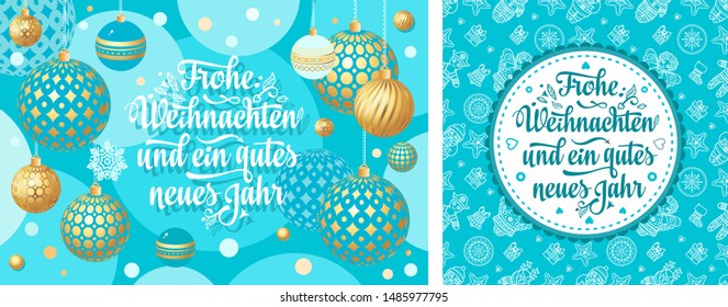 Blue Christmas. Xmas. Weihnachten. Noel. Christmas in different languages. German Christmas Deutsche holiday Weihnachtsfest - Frohe Weihnachten, neue Jahr, Neujahrstag. Blue and 3d gold realistic ball