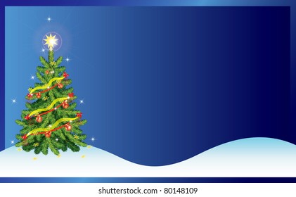 Blue Christmas-tree card with snow