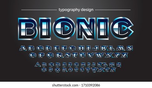 Blue chrome futuristic font and alphabet