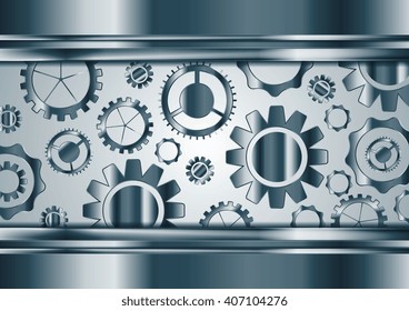 Blue chrome tech gears mechanism background. Vector technology metallic design