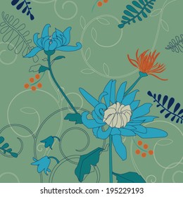 Blue Chrysanthemum flower pattern vector background. Use for textiles, pillow & interior decoration, web page background, wrapping paper, cosmetics package decoration. Layered, editable design.