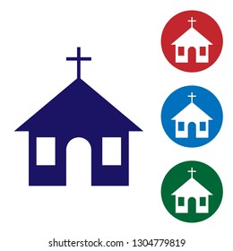Blue Church building icon isolated on white background. Christian Church. Religion of church. Set color icon in circle buttons. Vector Illustration
