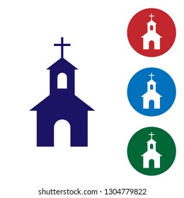 Blue Church building icon isolated on white background. Christian Church. Religion of church. Set color icon in circle buttons. Vector Illustration