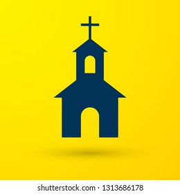 Blue Church building icon isolated on yellow background. Christian Church. Religion of church. Vector Illustration