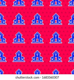 Blue Church building icon isolated seamless pattern on red background. Christian Church. Religion of church.  Vector Illustration