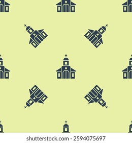 Blue Church building icon isolated seamless pattern on yellow background. Christian Church. Religion of church.  Vector Illustration